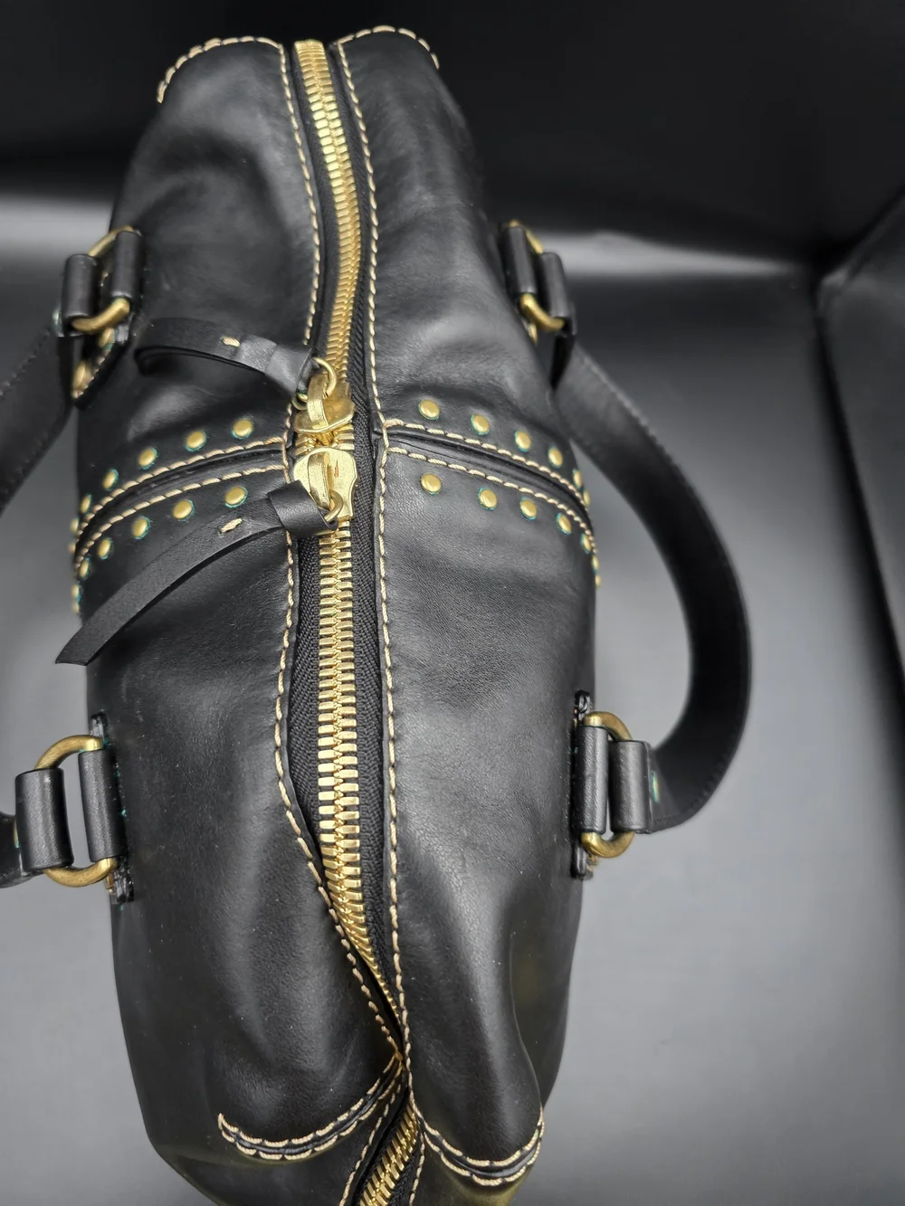 Michael Kors Black Leather Stud-Accent Satchel with Gold Hardware